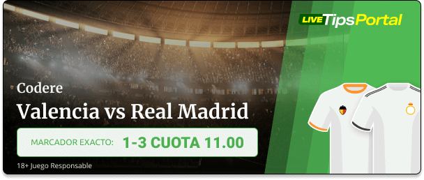 Pronóstico al marcador exacto del Valencia vs Real Madrid. Cuotas de Codere.