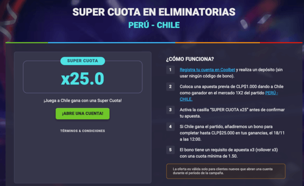 super cuota de coolbet chile para el partido peru vs chile 16-11