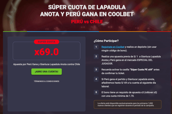 supercuota de coolbet peru para el partido peru vs chile 16-11.