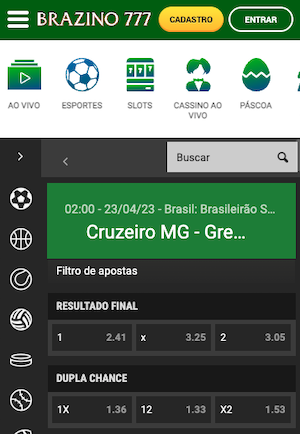 Cruzeiro x Gremio Palpites de apostas - Odds Brazino 777