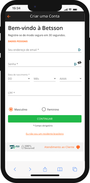 Formulário de Registo na Betsson Brasil