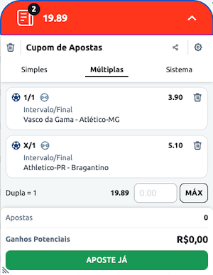 Cupom de apostas intervalo/final do jogo - Exemplo